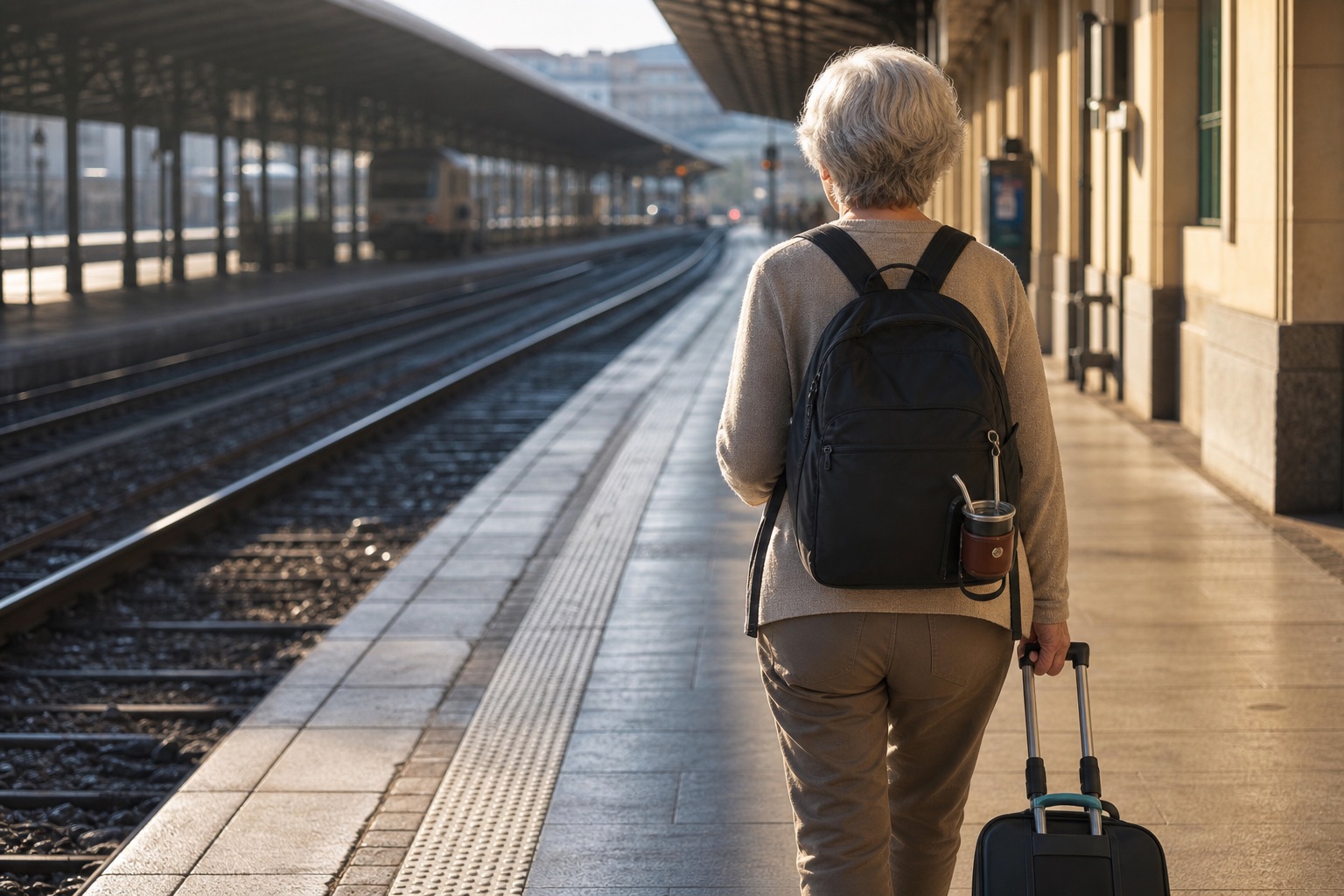 Recreación visual de una viajera mayor esperando un tren con su equipaje