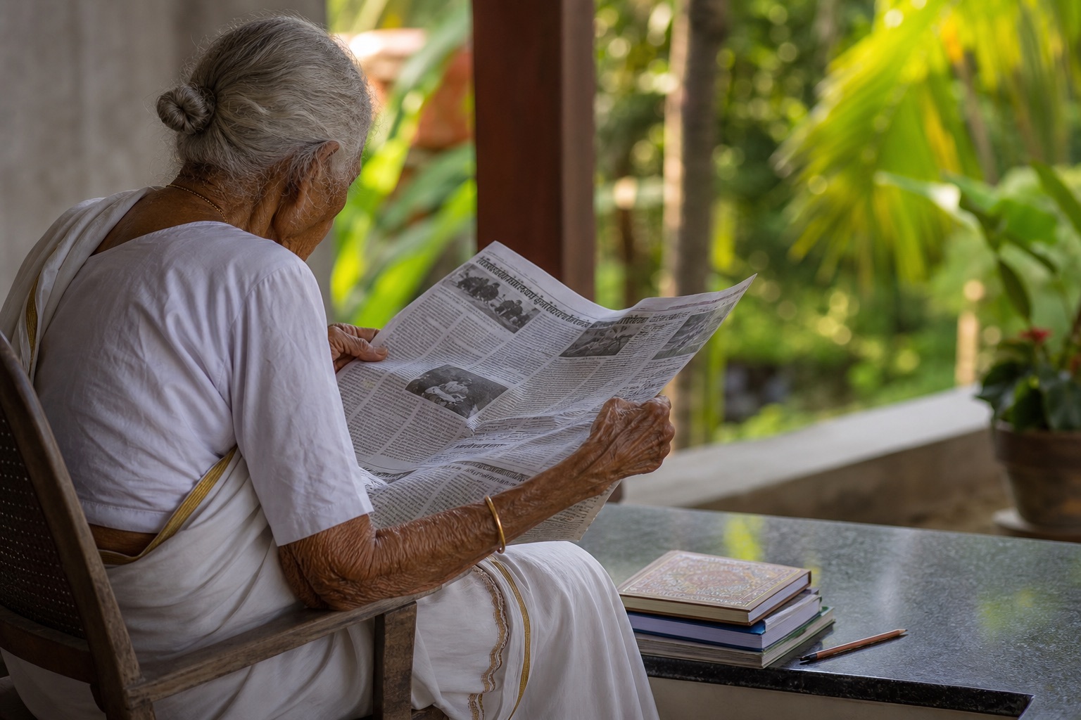 Recreación visual de una mujer centenaria leyendo un periódico en Kerala